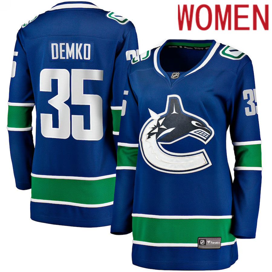 Women Vancouver Canucks #35 Thatcher Demko Fanatics Branded Blue Home Breakaway NHL Jersey